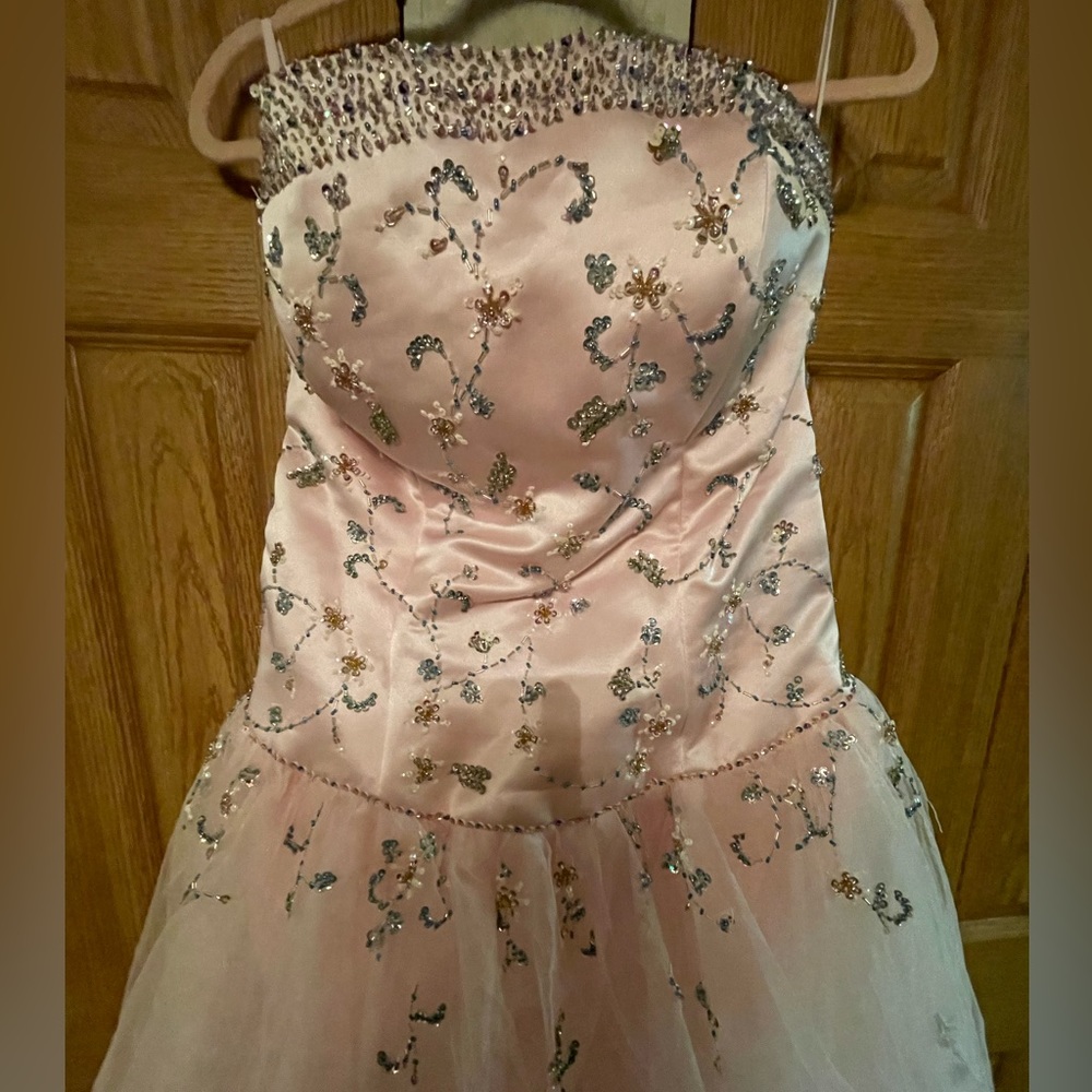 Pink Embroidered Prom Dress. Like New. S18. Flare Bottom. Straps not included.